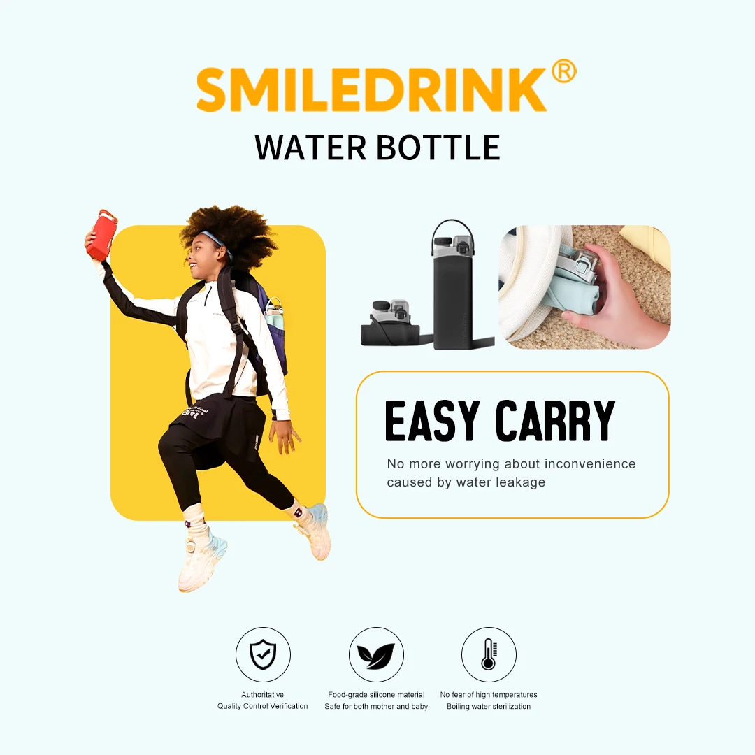 Smiledrink Leakproof Eco Friendly Approved Refillable Food Grade Reusable Tableware Silicone Drink Water Bottle for Children