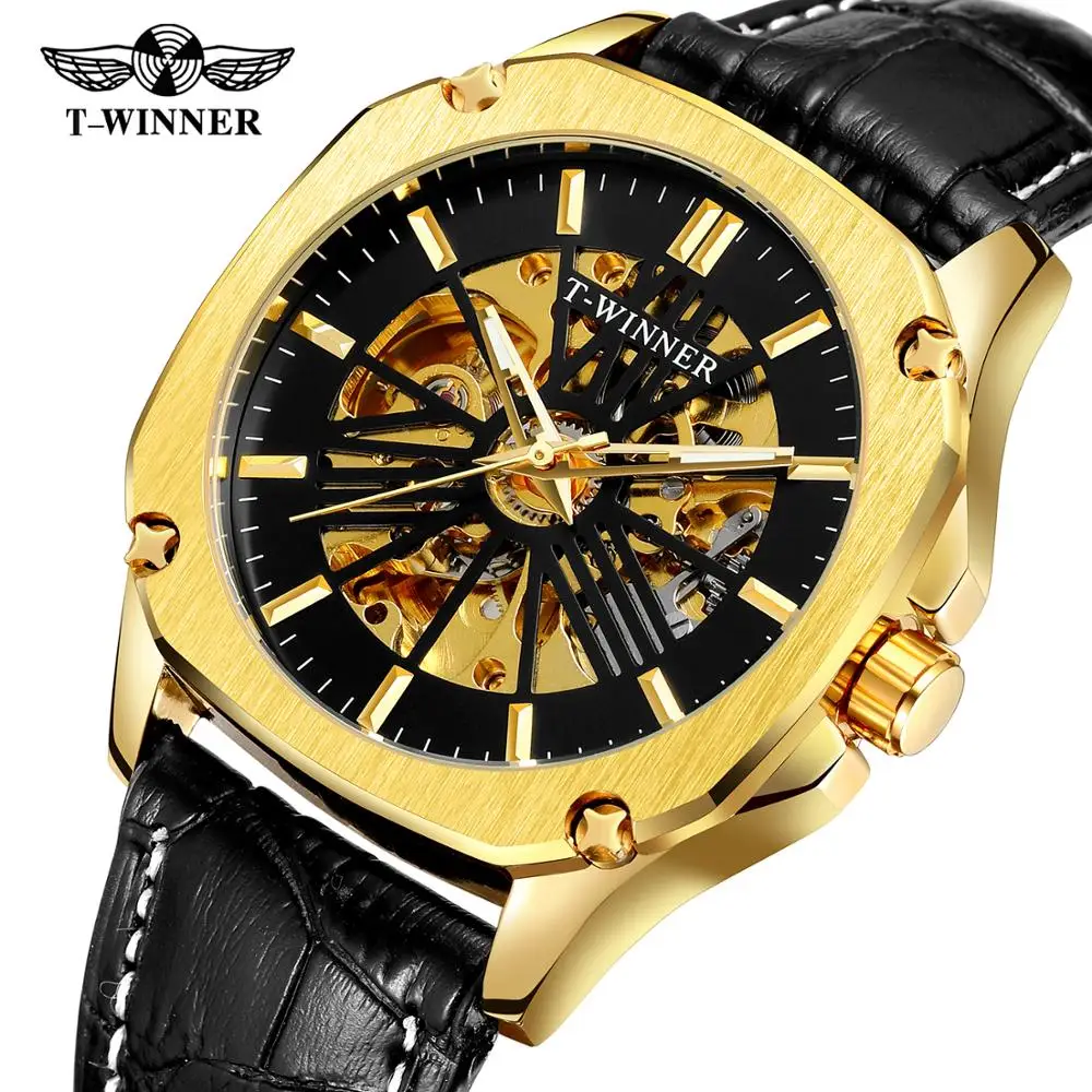 
T-winner Original Brand New Arrival Genuine Leather 40mm Hollow Automatic Watches Mens Luxury Small Mechanical Skeleton Watch 