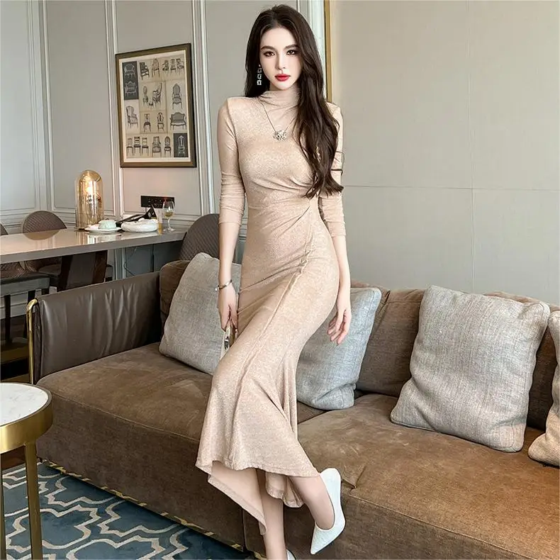 ZYHT 9708 New Dresses 2025 Turtleneck Long Sleeve Fitted Shiny Knitted Maxi  Dress Pleated Women Party Long Dress| Alibaba.com