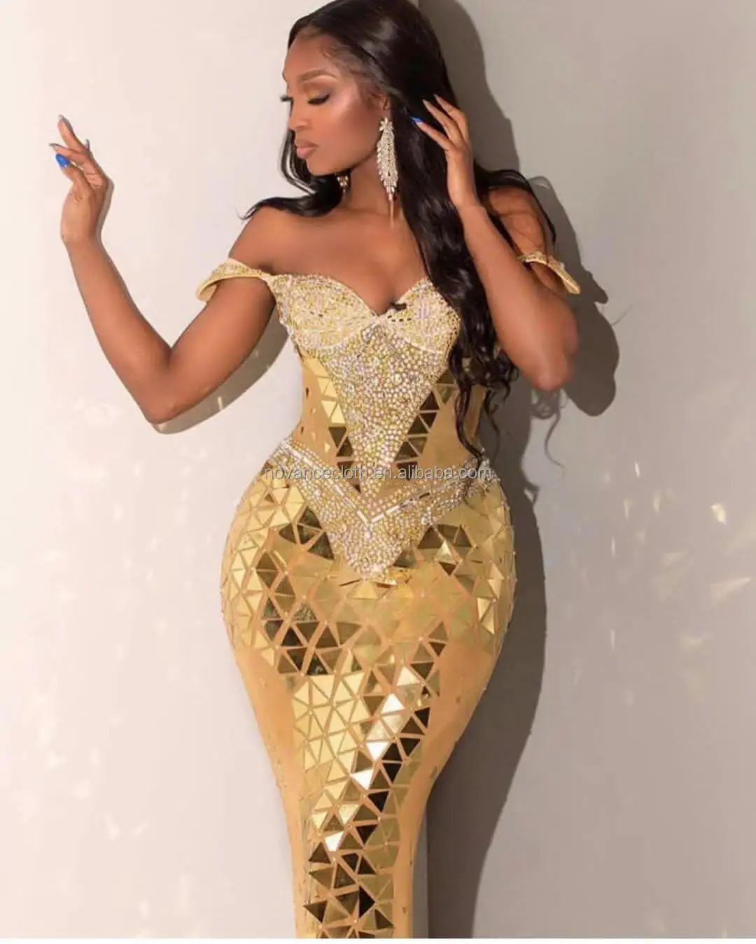 Luxury Gold Sequin Evening Dress - Long Off-Shoulder Gown for Cocktail  Parties & Performances, Elegant Women's Apparel
