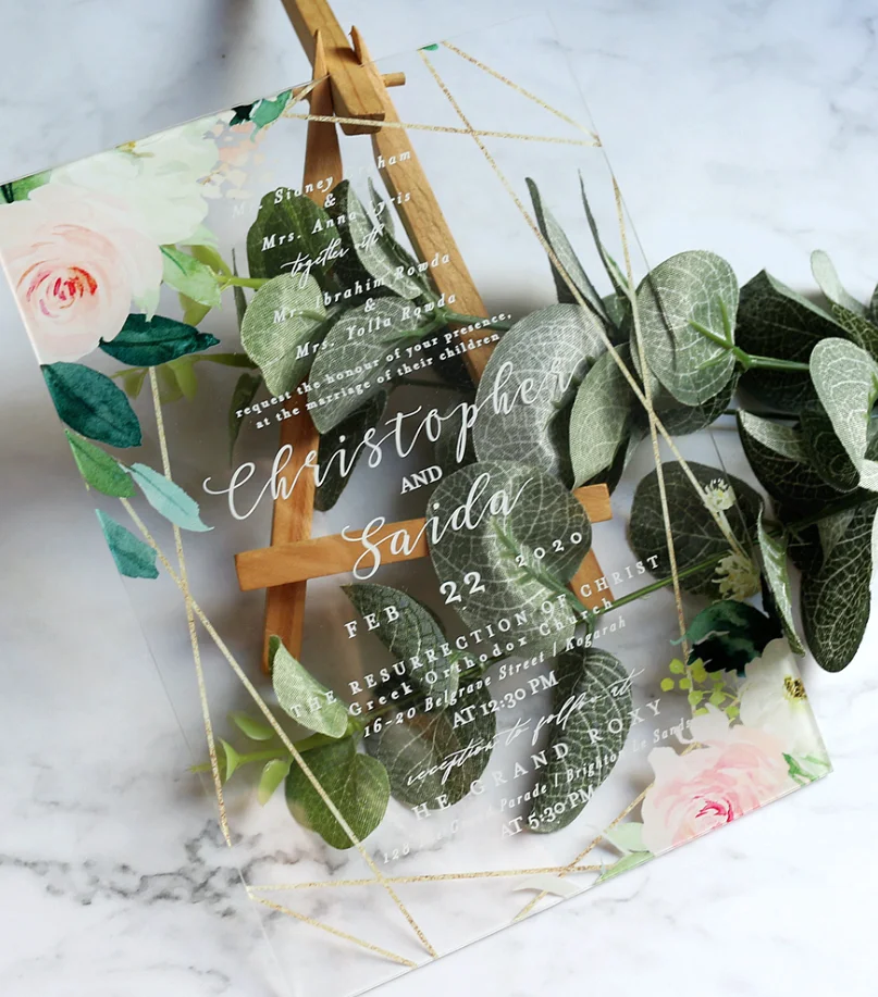 Source de boda de acrílico de cristal esmerilado Floral personalizadas baratas al por mayor con caja on