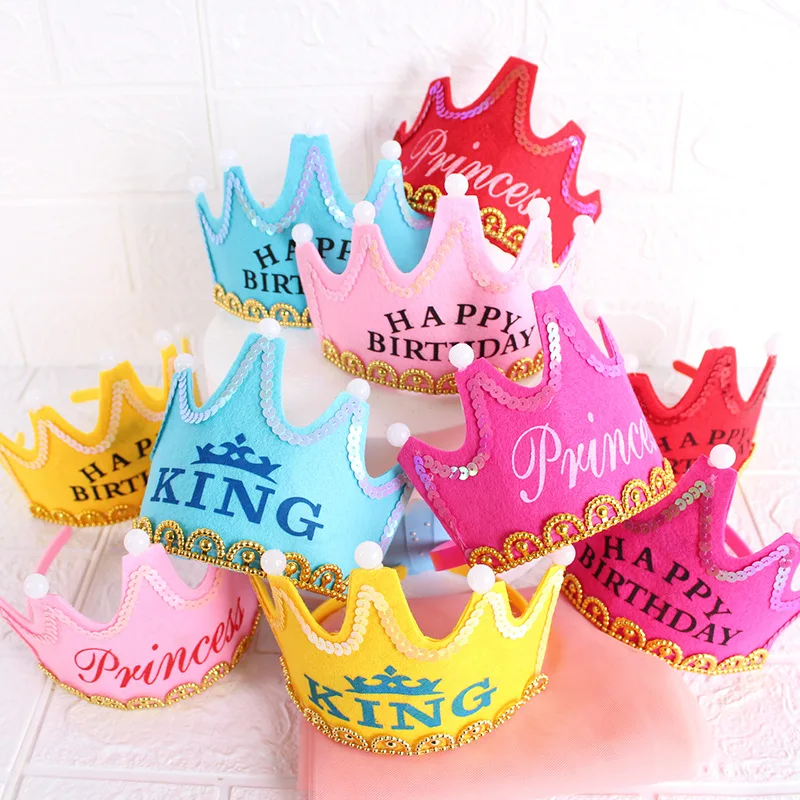 New LED Light up Felt Birthday Hats Princess King Happy Birthday Crown Hat Birthday Party Hat for Kids and Adults