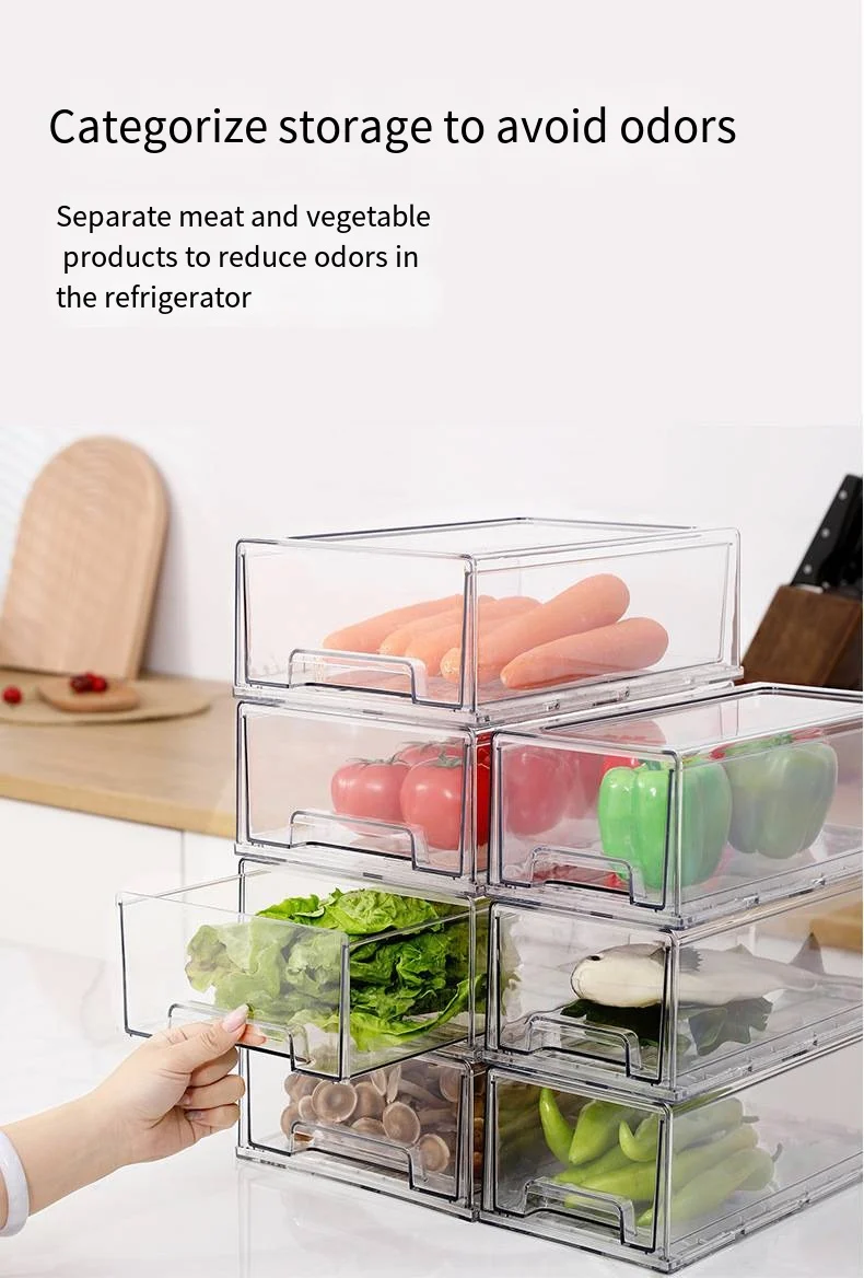 Refrigerator storage box Drawer type can stack fruit and vegetable finishing pull type storage transparent drawer box factory