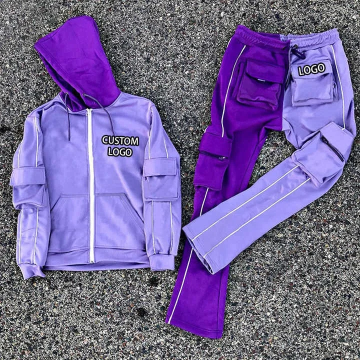 Custom Sweat Suits Unisex Two Tone 100% Cotton Sweatpants and Hoodie Set Oversized Cargo Embroidery Stacked Cargo Tracksuit Set gallery 11