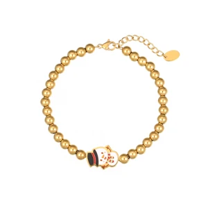 Women's Stainless Steel Cartoon Beaded Bracelet with Expandable Gold Knot Red White Enamel Festival Fashion Cute Style for Girls