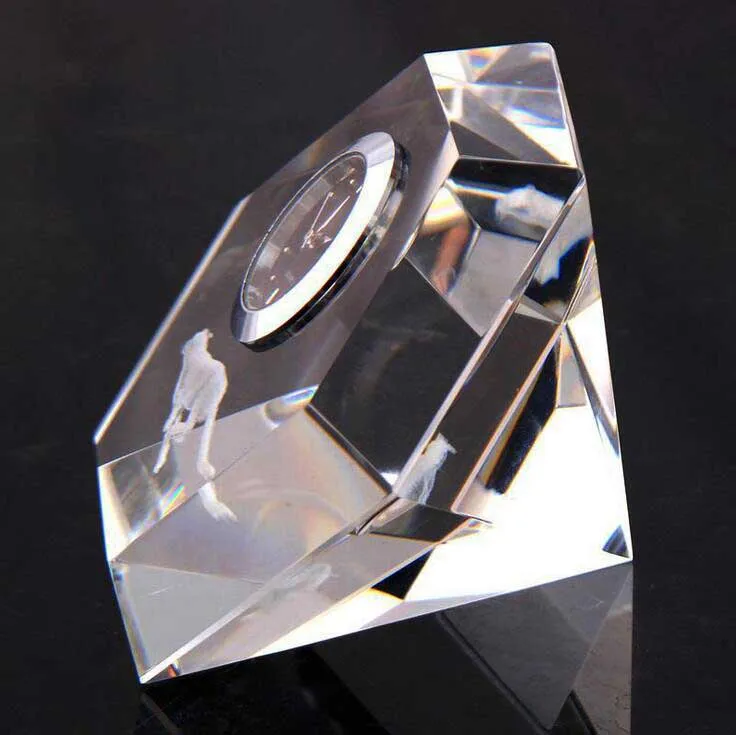 High Quality 3D Laser Engraving Hexagonal Crystal Diamond Clock for Business Gifts