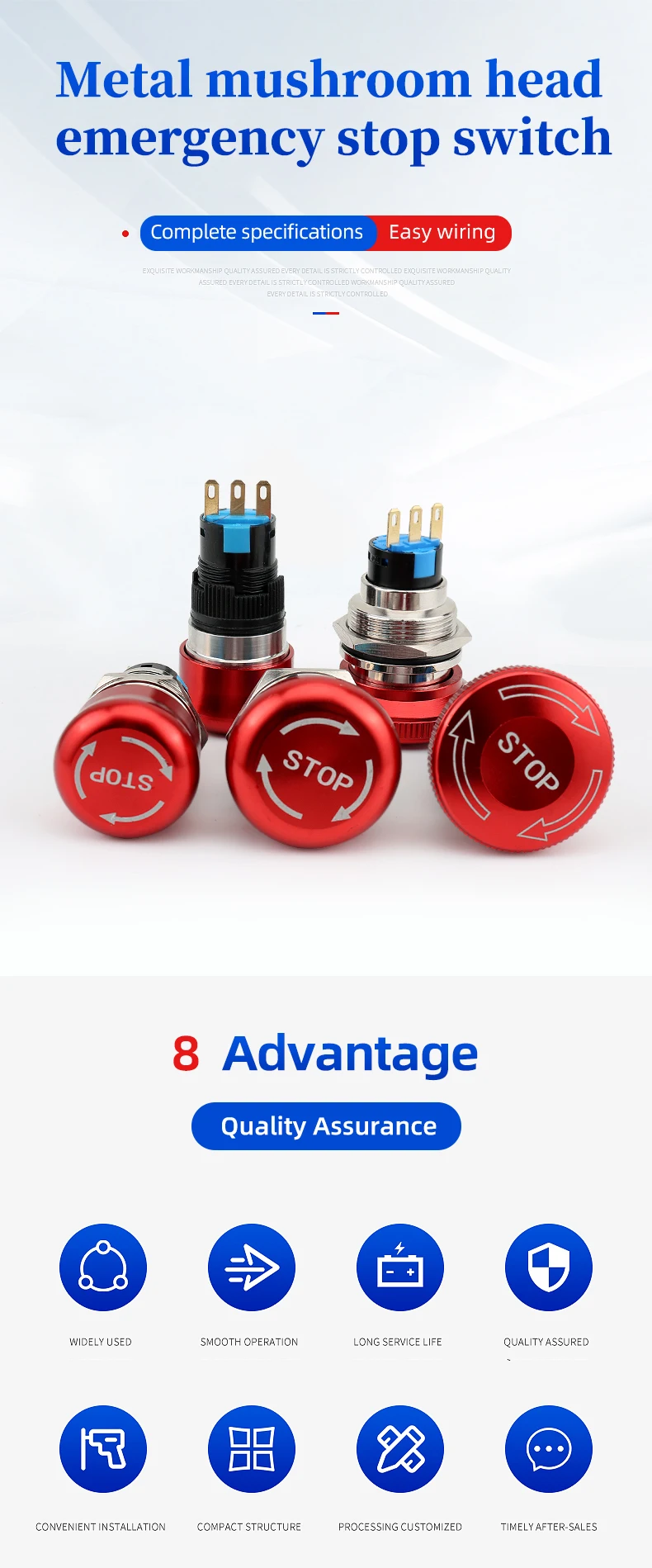 Emergency Stop Mushroom-Shape Brass Push Button Switch IP65 10A 1NO1NC 500000 Times Mechanical Life LiXiang Home Appliances