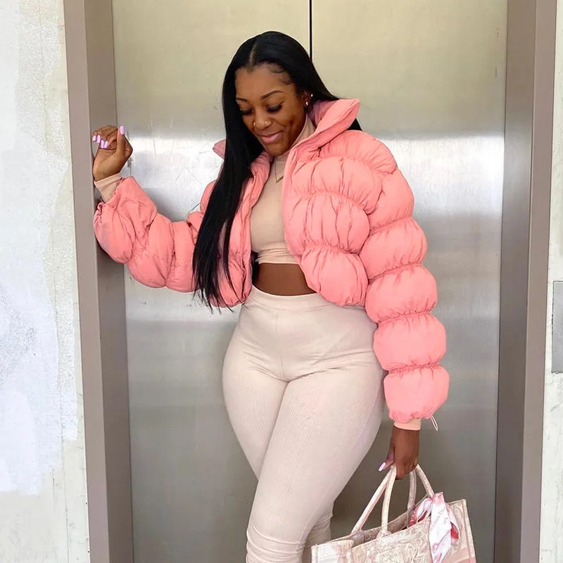 Women Fashion Pink Cropped Puffer Jacket Custom Winter Women Puffer Jacket  Women Puff Jackets Coat