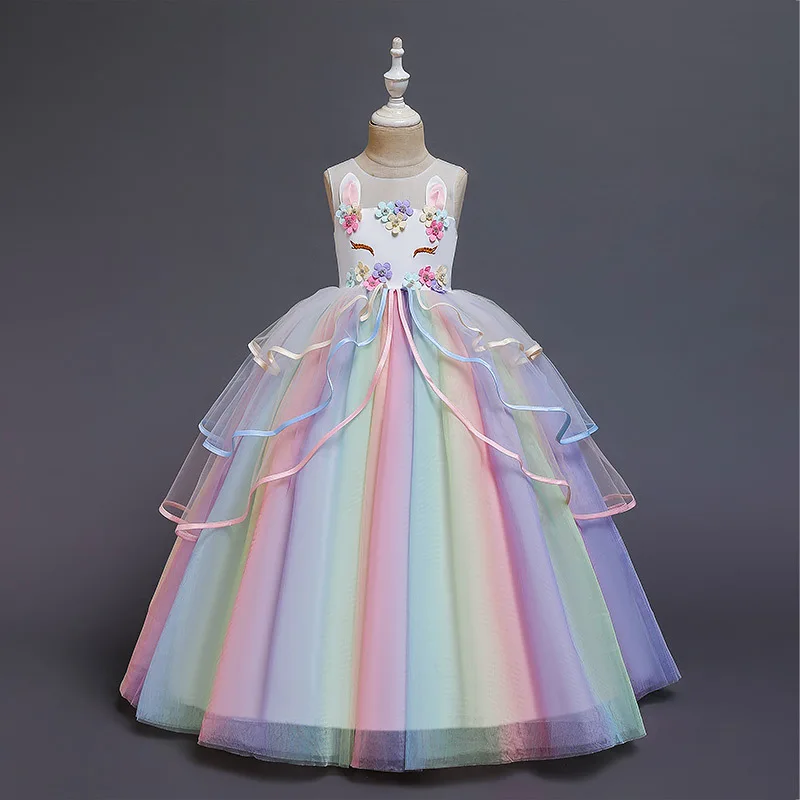 Kids Unicorn Girl dresses Flower Appliques Princess Dresses Children Wedding Birthday Party Costume Evening Formal Gown 1