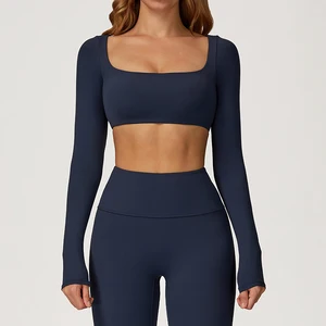 Manufacturer Gym Set Women Moisture Wicking Padded Bra Long Sleeve 2 Piece Yoga Set for High Intensity Fitness Wear