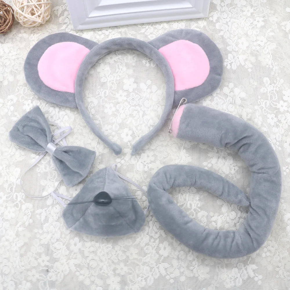 Pink and grey fancy dress Mouse ears tail and bow Soft Plush 