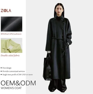 Women's Elegant Long Winter Cashmere Coat Double-Sided with Button Decoration Outerwear Featuring Belt
