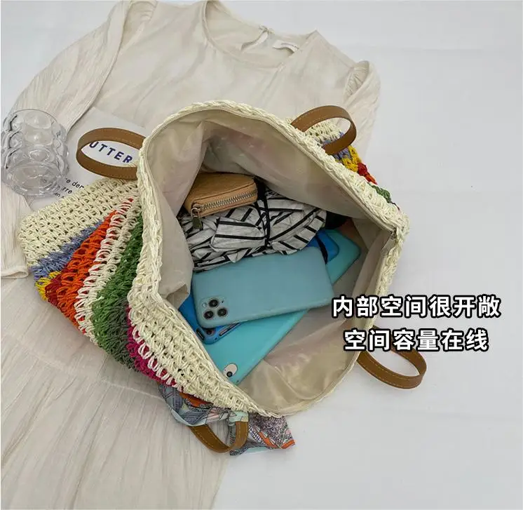 Bolso de mano de rafia tejido hecho a mano ecológico arcoíris