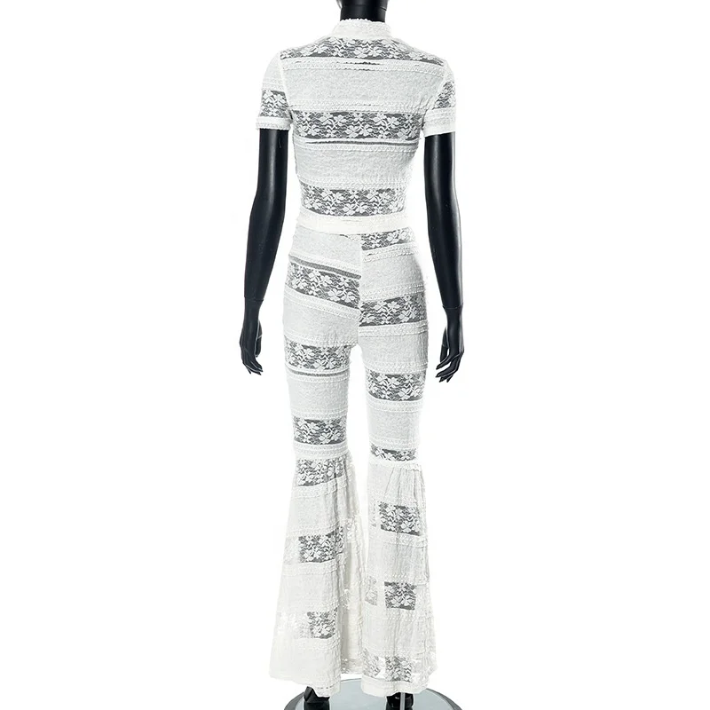 ZHEZHE Fashion All White Sexy Lace Bell Bottom Pants Set