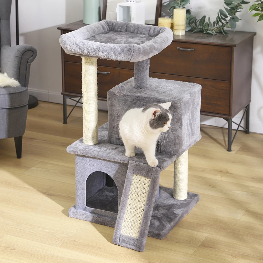 product eco friendly wooden house tower scratcher big climbing cats tree sisal pets toy carton packed play feature-49