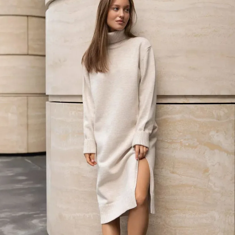 European American Oversize Turtleneck Sweater Long-Sleeved Knitted Dress Spaghetti Strap Simple A-Line Silhouette Winter Style European American Oversize Turtleneck Sweater Long-Sleeved Knitted Dress Spaghetti Strap Simple A-Line Silhouette Winter Style