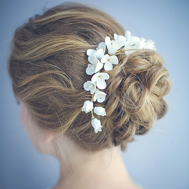 Elegant Handmade White Ceramic Flower Headdress Bridesmaid Bridal Accessories Jewelry Women Hair Combs Earrings