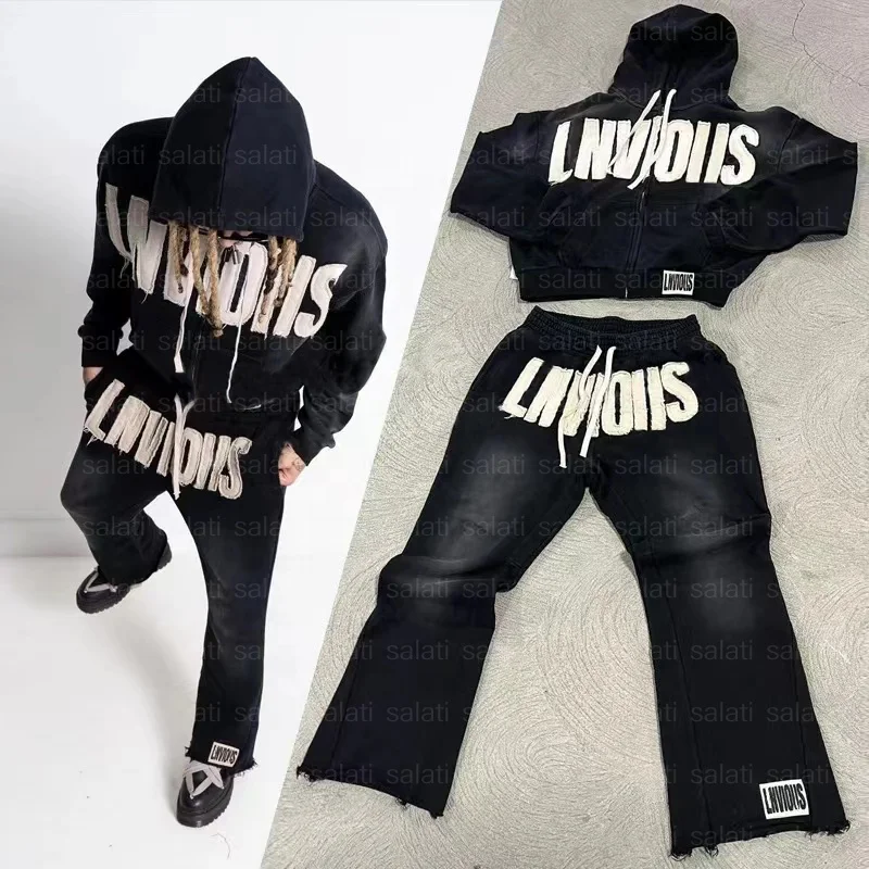 Custom Flared Sweatpants and Hoodie Set 500GSM Oversized Embroidery Stacked Sweatsuit Baggy Fleece Acid Washed Tracksuits