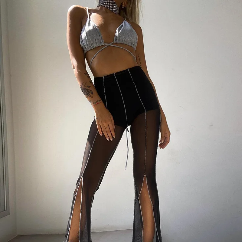 Sexy Black Mesh Slit Boot Cut Pants Streetwear Womens Trousers Rave Festival  See Through High Waist Flare Pants - Buy Women's Pants,Women's Pants &  Trousers,Pants And Trousers For Women Product on 