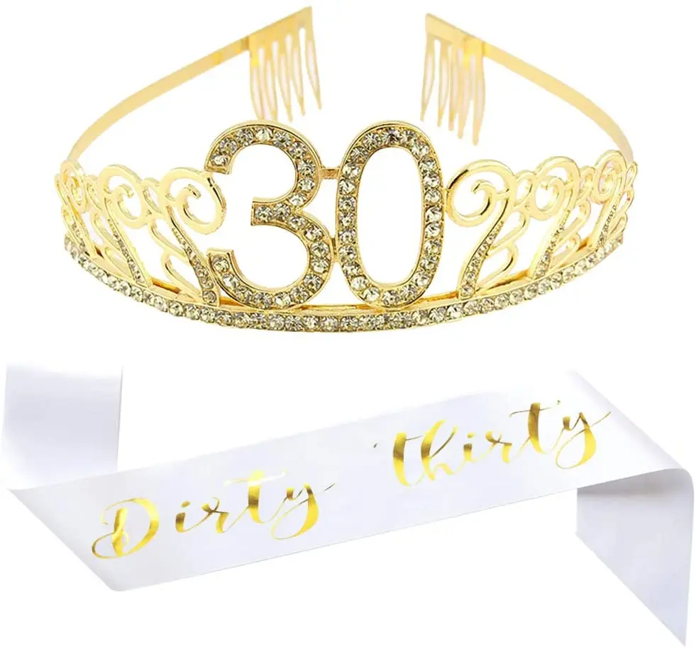 Tiara Corona 30 Anni In Oro Con Cristalli - Accessorio Compleanno '30 & Fabulous' Per Donna - Foto 9