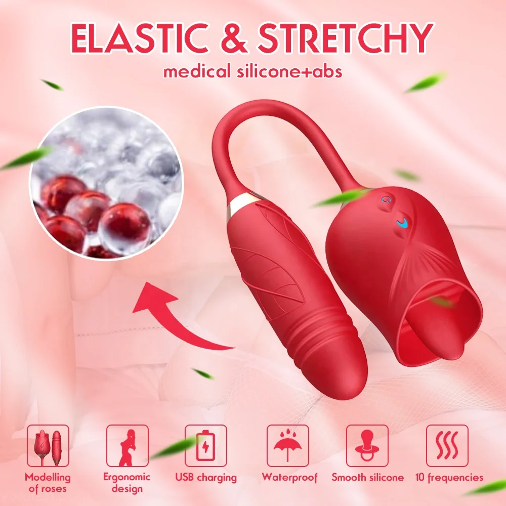 Rose Vibrator 10 Speed Thrusting Retractable Tongue Licking Slapping Nipple Sucking Clitoris Stimulation Masturbation for Women
