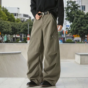 Vintage Brand Men's Casual Pleated Zipper Pants Autumn Paratrooper Tooling Style Mid Waist Loose Straight Canvas Trousers