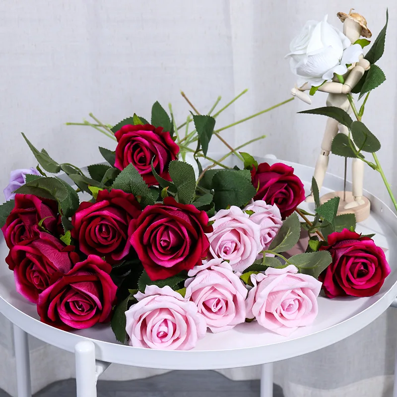 Factory Bulk Wholesale High Quality Artificial Single Velvet Roses Flower  Red White Custom Real Touch Rose Decorative Flowers