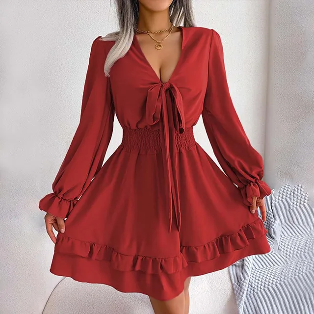 212 Sexy short dress V neck long sleeve A shape ruffle sleeve women's clothing cute casual dresses casual formal dresses