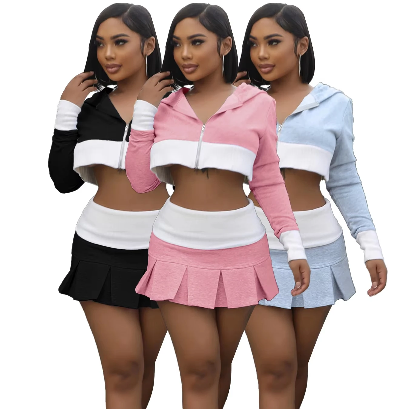 New Arrival Fall 2 Piece Set Women 2024 Color Splicing  Long Sleeve Crop Top Hooded Zipper and Pleated Mini Skirts Outfits