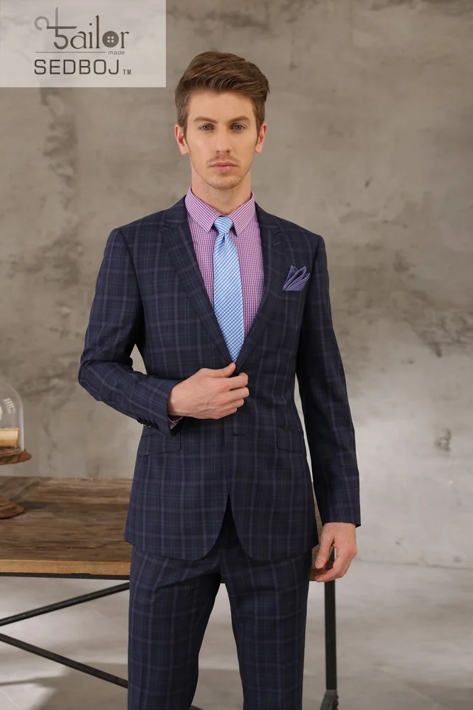 Shenzhen Tailor-Made High Quality Custom Cashmere Blue Check Suit with 2 Buttons Zipper Fly Business Style Long Pants