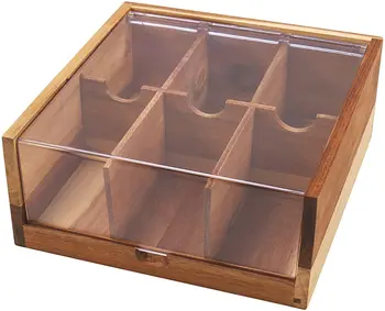 Acacia Wood Tea Bag Storage Box Organizer Custom Bamboo Tea Box With Acrylic Lid