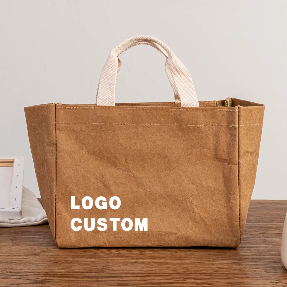 New Fashion Washable Kraft Paper Large Tote Bags With Zipper for Work Lunch Multifunctional Storage