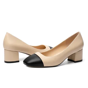 Fashion Trend Classic Leisure Square Heels Women Leather Shoes