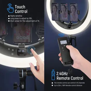 NEEWER 19 Inch 2.4G Ring Light with Stand, 3 Phone Holders, 2.4G USB Transmitter for Mac/PC Remote Control, Touch Panel, Smooth detail image