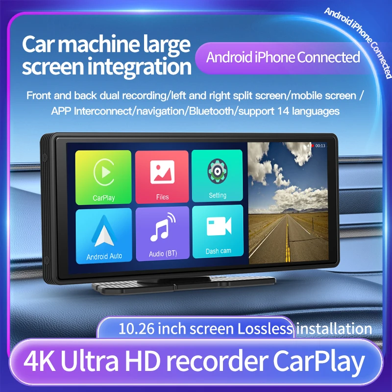 New Arrival 10.26" Dash Cam Front and Rear 4k Dual Lens CarPlay HD Car DVR GPS Black Box for Automobile Recording