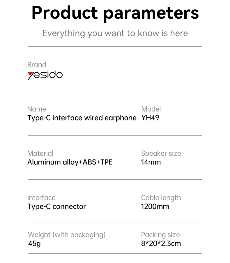 YH49 Yesido Aluminum Alloy In-ear Earphone With Remote Control Type-C Interface Wired Headphones