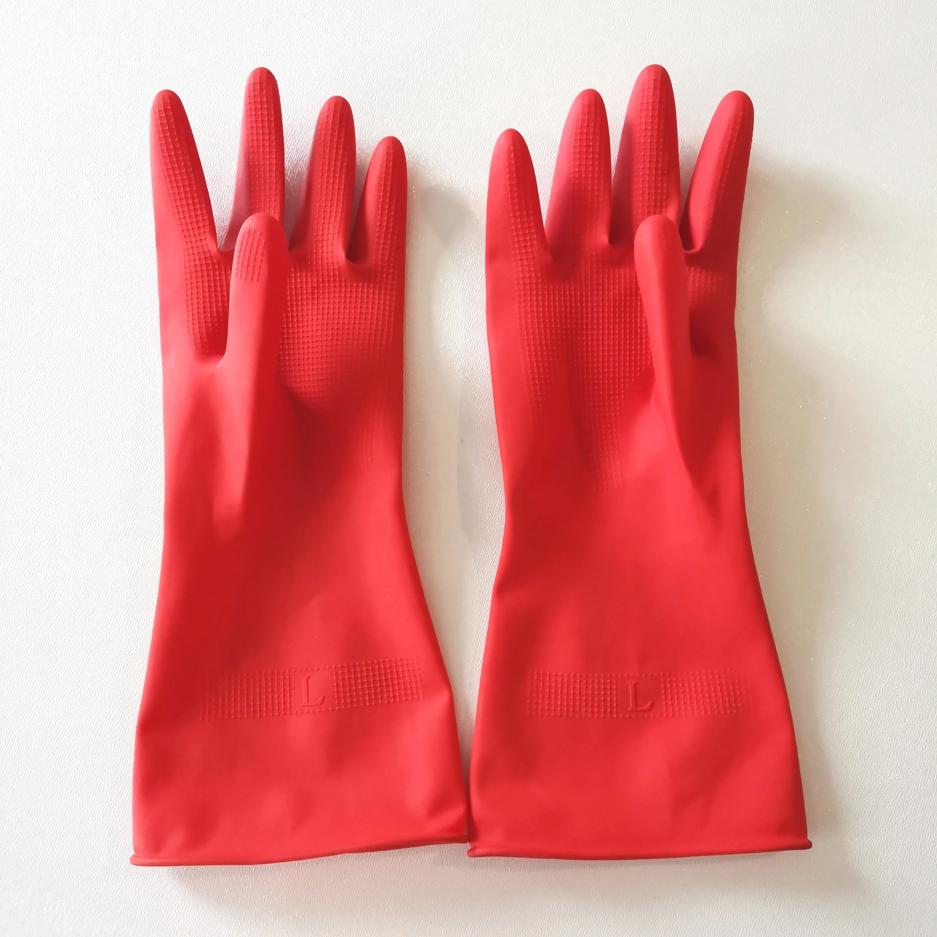 Factory OEM 30cm Red Washing Cleaning Room Kitchen Garden Flocklined Household Latex Rubber Gloves