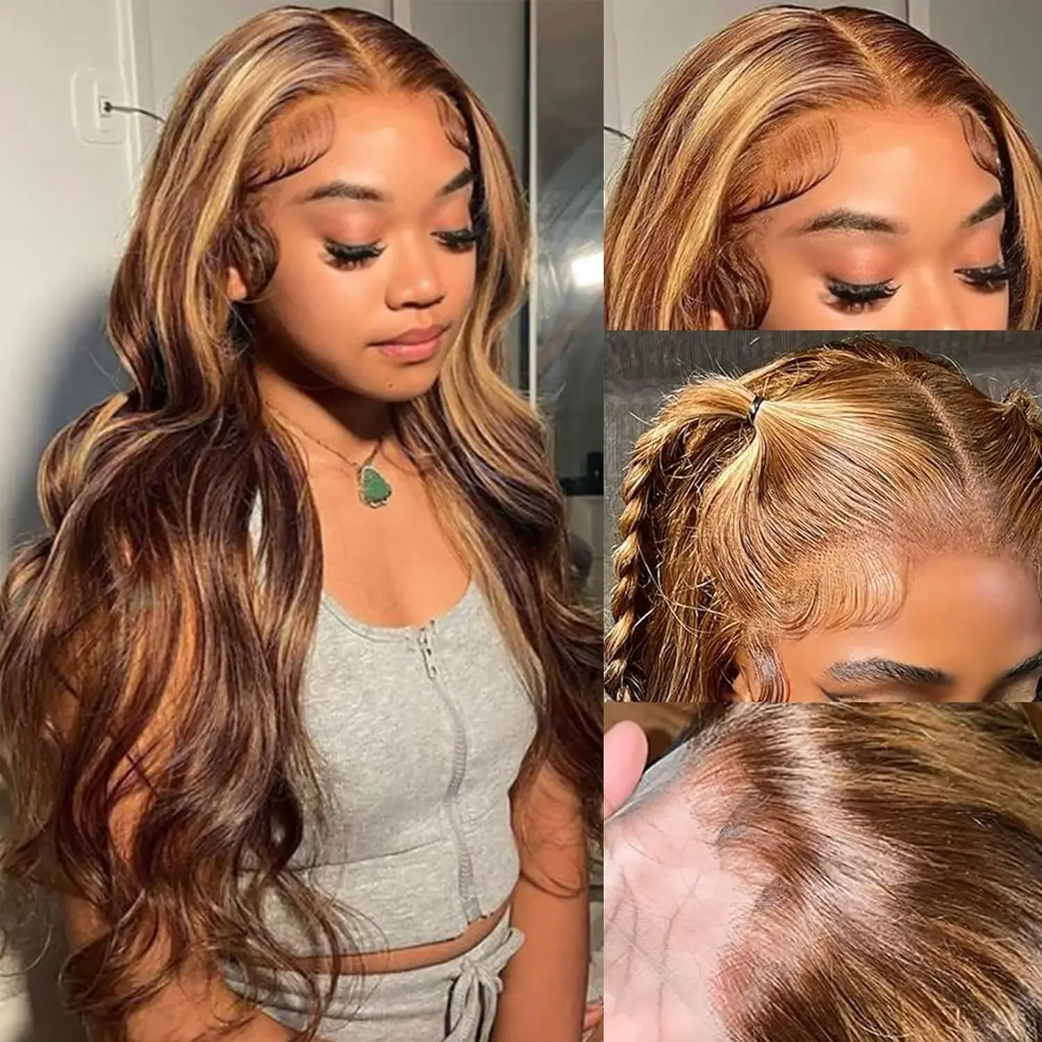 Parrucca frontale in pizzo trasparente con onde del corpo HD 13x4, capelli umani, parrucca frontale in pizzo biondo miele colorato 4/27 per donne, 30 pollici_voghion.com