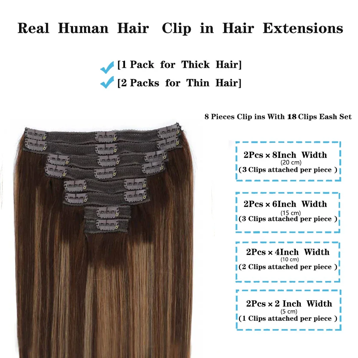 Extensions de cheveux raides à clipser Cheveux humains P4/27 Coiffure Postiche Tête complète Naturel 18 clips_voghion.com