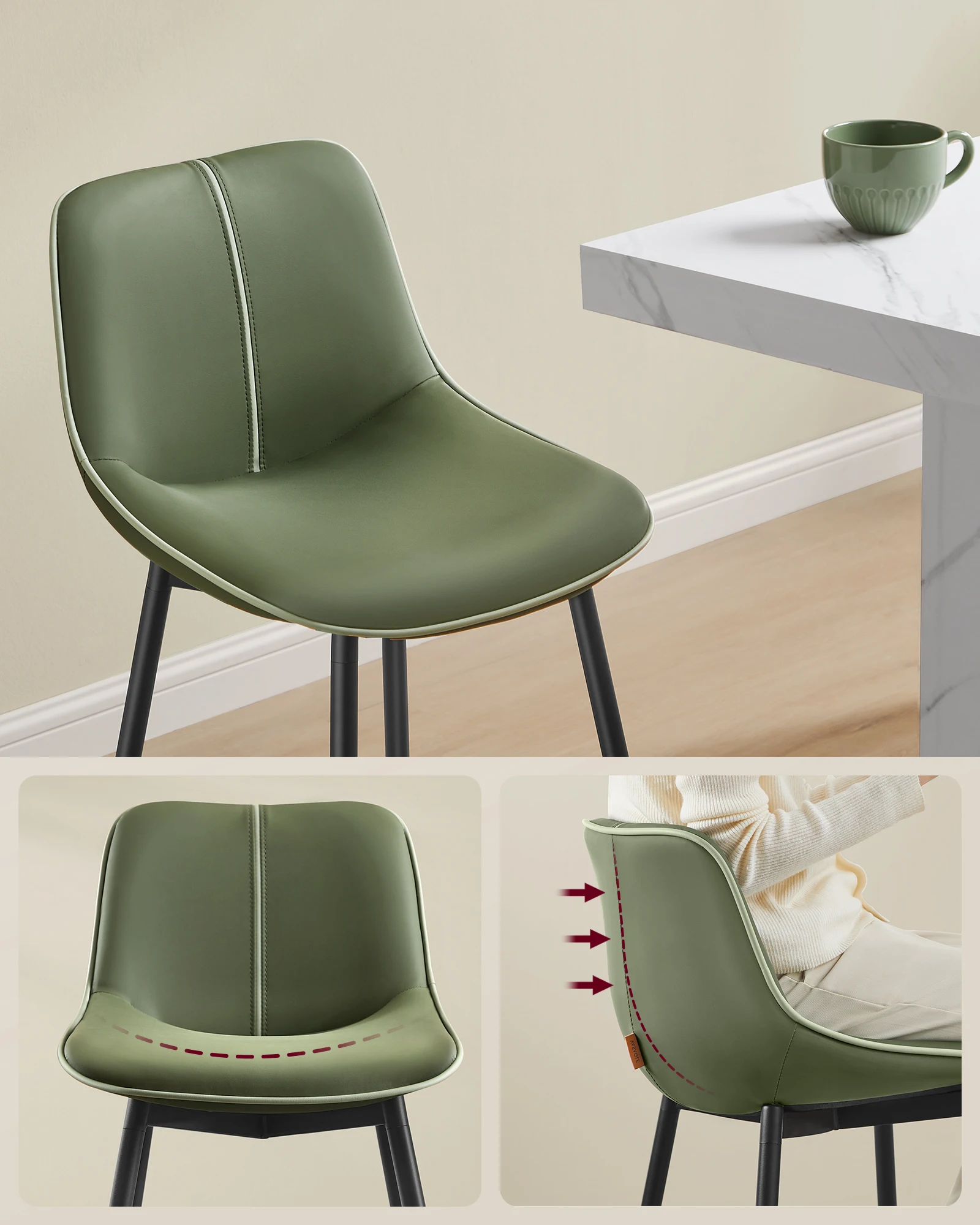VASAGLE Synthetic Leather Bar Stools Set of 2 High Stool bar Chairs for Kitchen Island Green Bar Stools with Ergonomic Backrest