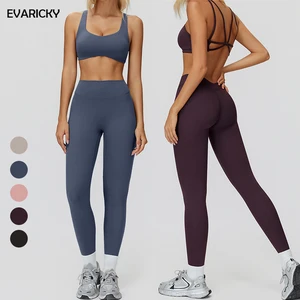 Evaricky New Hot Sale Active Wear Cross Back Sports Bra High Waist Four-Way Stretch Leggings Women Set Gym Fitness