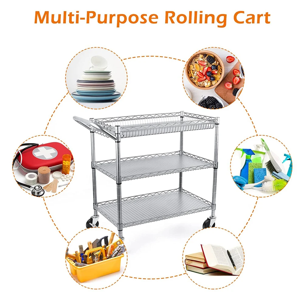 3 Tier Rolling Utility Cart, Kitchen Metal Utility Carts with Handle Bar Commercial Grade Wire Shelving Storage Cart