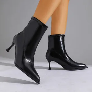 Short-tubed thin-heeled fashion boots with a pointed toe and a medium heel (3-5cm) for women, warm and stylish for.