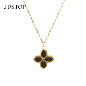 Lucky Four Leaf Flower Charm Dripping Oil Pendant Link Chain Necklace 18K Gold Plated Stainless Steel Fashion Jewelry for Women