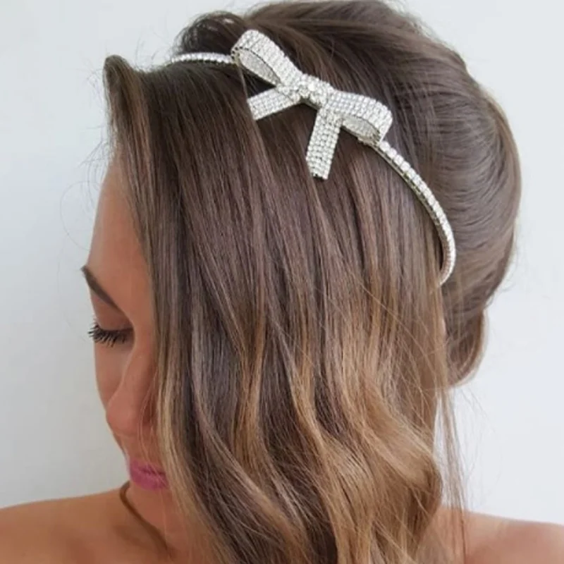 Wedding Bridal Lady Crystal Headpiece Ribbon Tie Headband Tiara Hair Jewelry 