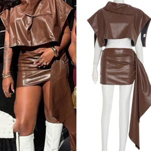 Viviblook Q25ST279 Autumn New Casual Autumn Winter New Sexy Irregular Top Ribbon Short Skirt Leather Set for Women