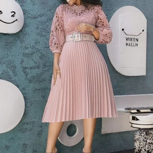 Africa Clothing Summer  Solid Chiffon Lace Fabric Eco Friendly Plus Size Women's Dresses Office Hollow Pleat Belt