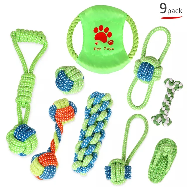 Amaz Best Seller Dental Cleaning Pet Toy Set Grinding Teeth Braided Cotton Rope Chewing 9 Packs Dog Toys