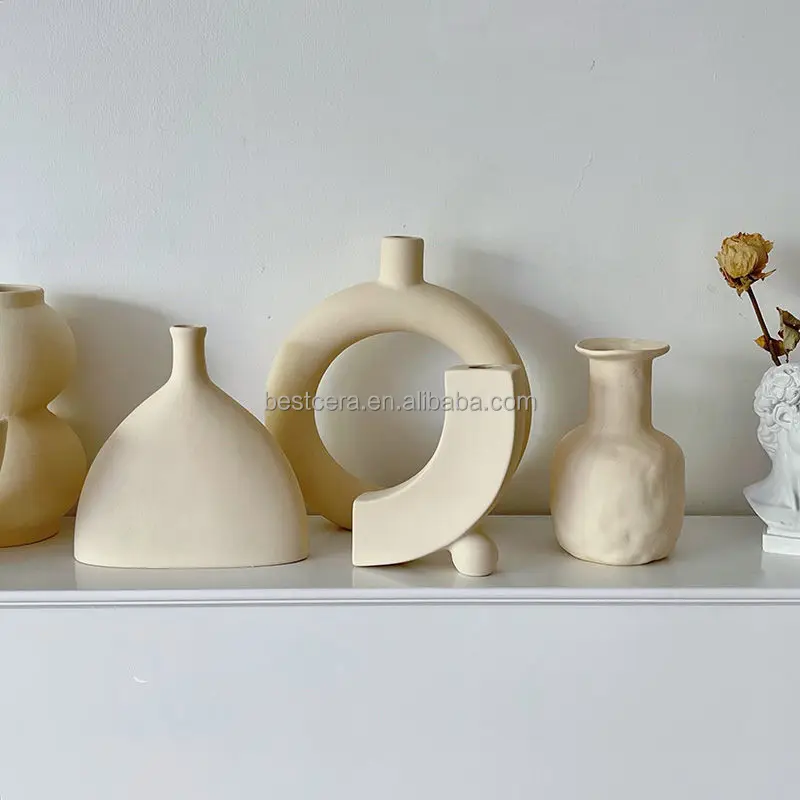 Nordic donut vase high-quality tabletop vase ins flower arrangement ivory white ceramic vase for home decor