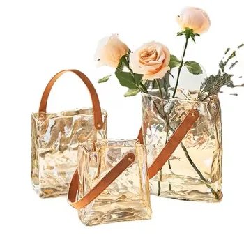 Nordic Style Handmade Leather-Handle Tote Bag Glass Vase | Modern Home Decor Craft | Stylish Flower Centerpiece for Living Room
